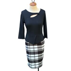 NWT Homeyee Black & White Checkered Print Color block Body-con Dress Women's Med